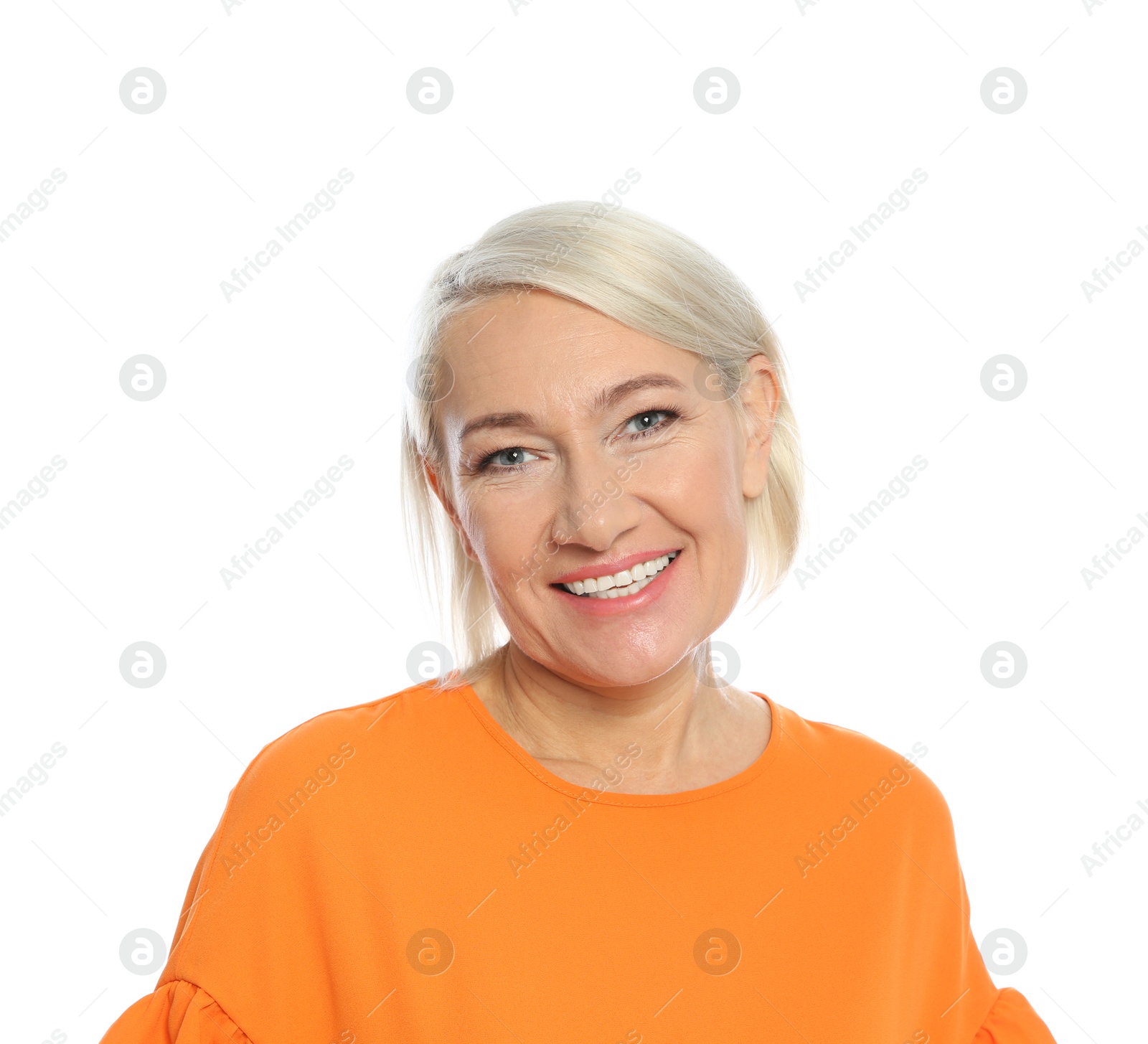 Photo of Portrait of mature woman laughing on white background