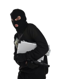 Thief in balaclava with gun and briefcase of money on white background