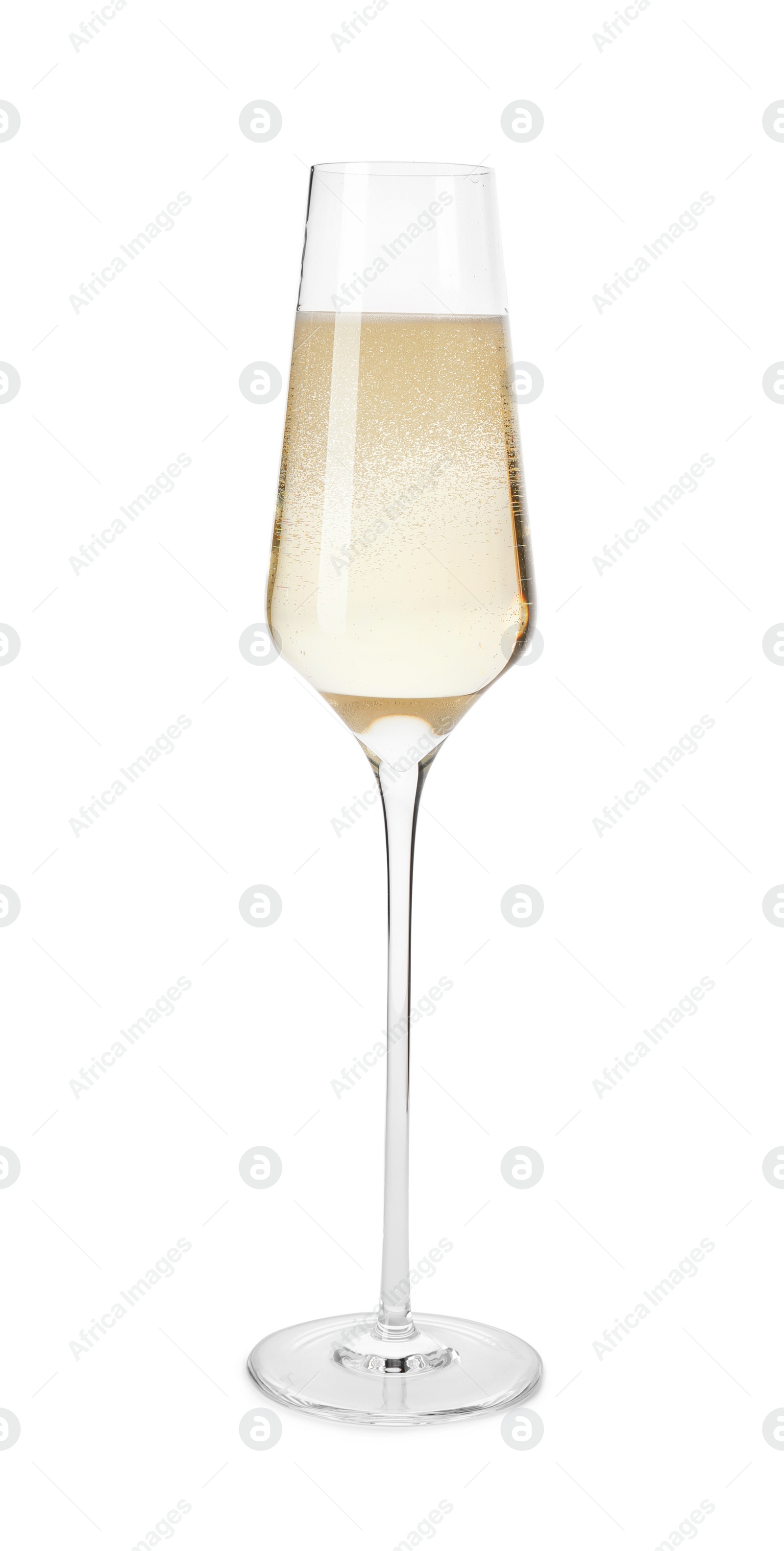 Photo of Glass of champagne on white background. Festive drink