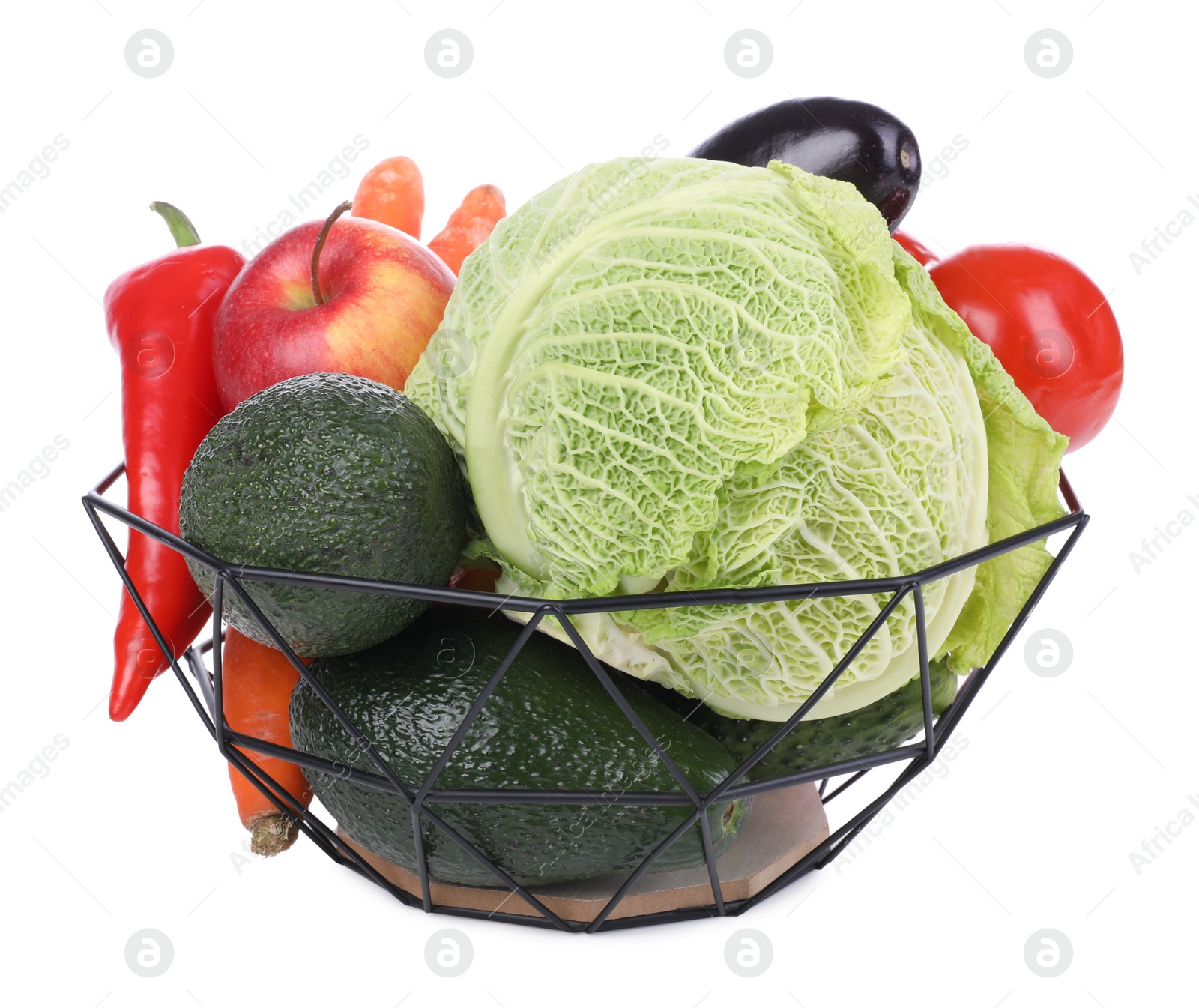 Photo of Fresh ripe vegetables and fruit in bowl on white background