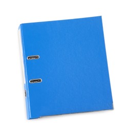 Photo of One blue office folder isolated on white, top view