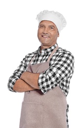 Photo of Mature male chef in apron on white background