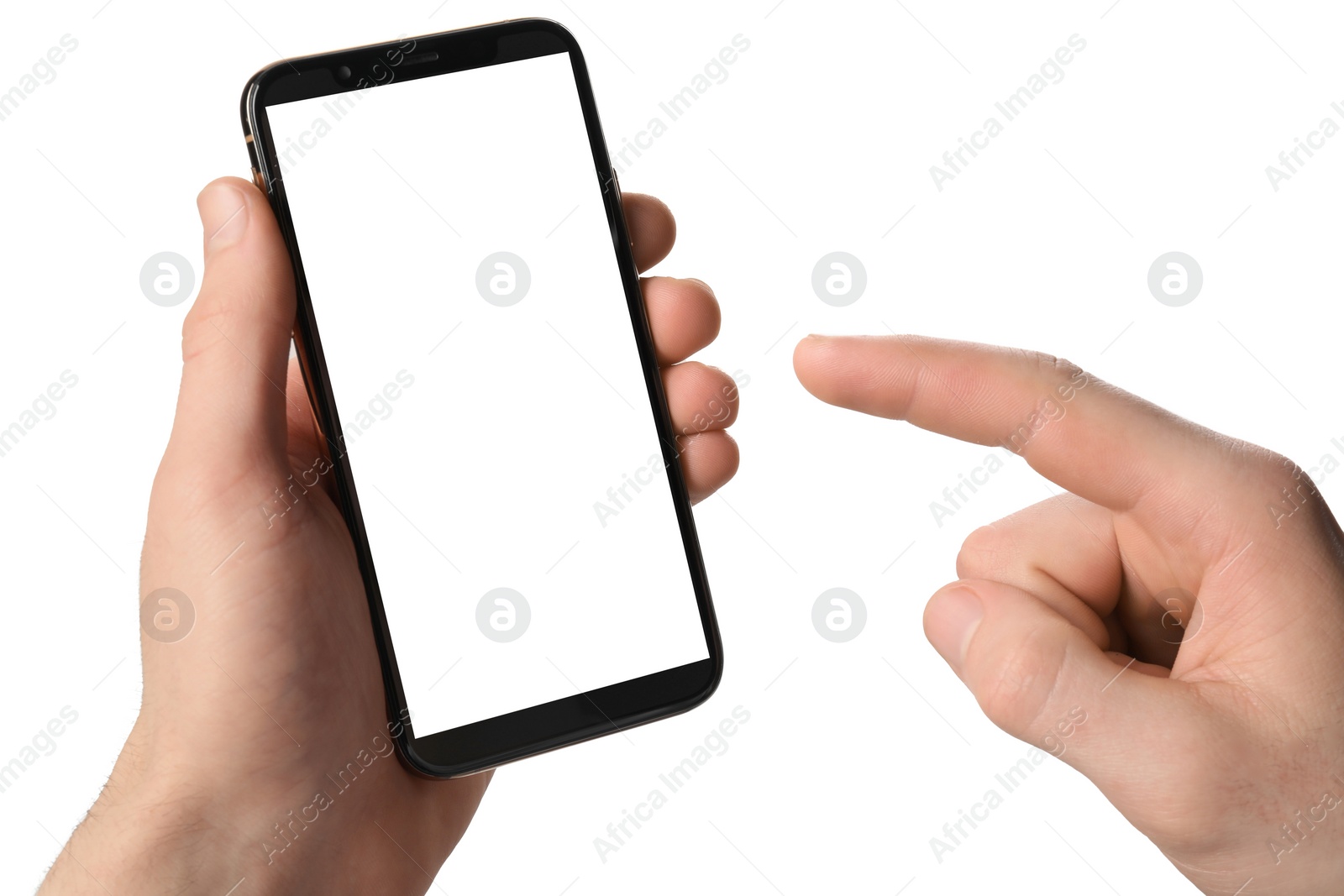 Photo of Man holding smartphone with blank screen on white background. Mockup for design