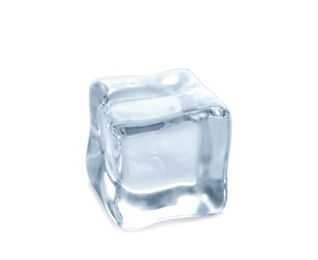 Photo of Crystal clear ice cube on white background