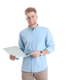 Photo of Young man with laptop on white background