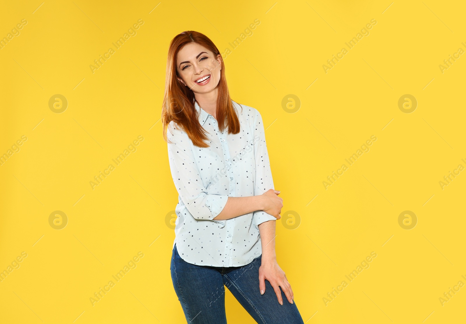 Photo of Portrait of beautiful woman on color background. Space for text