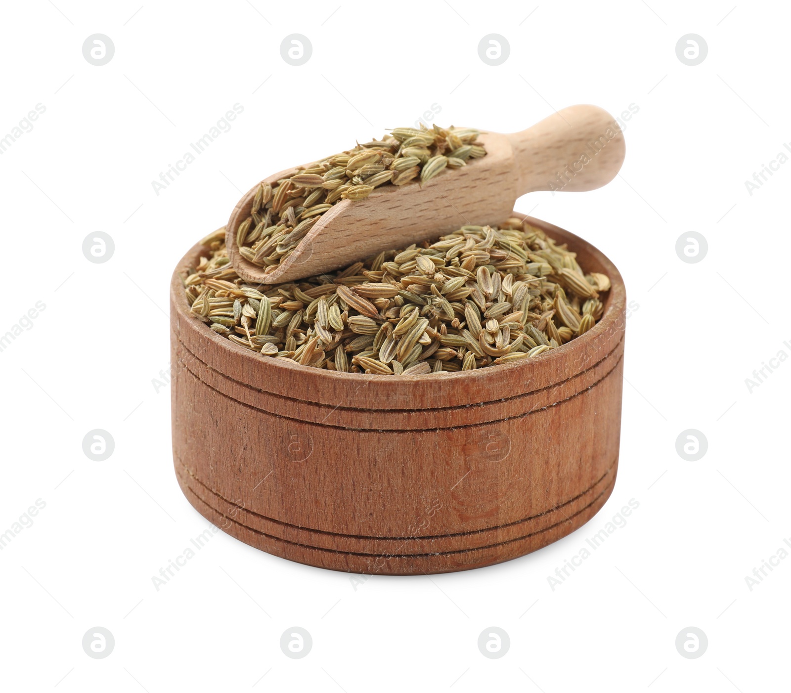 Photo of Bowl and scoop with dry fennel seeds isolated on white