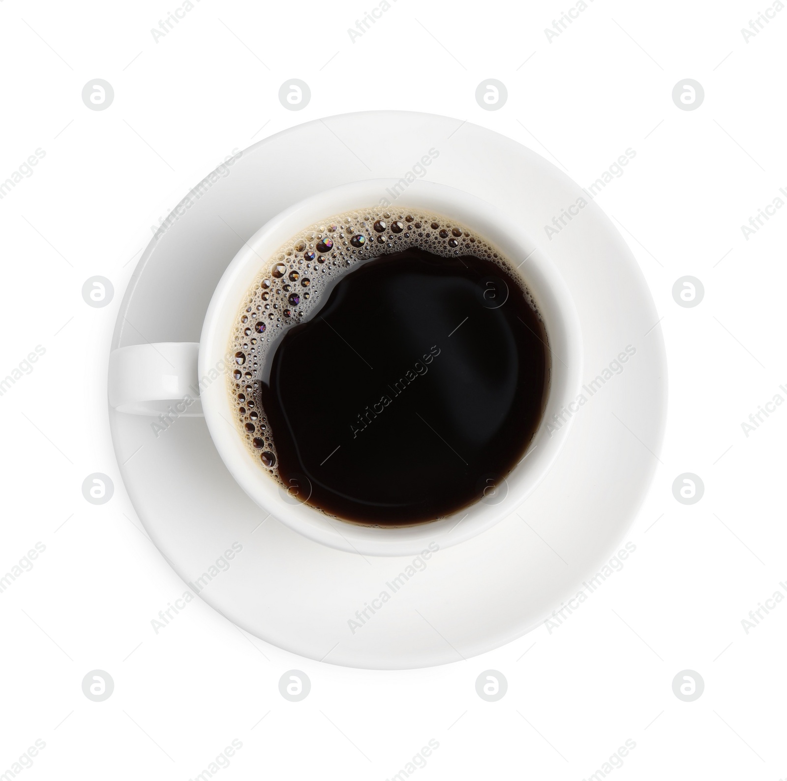 Photo of Aromatic coffee in cup isolated on white, top view