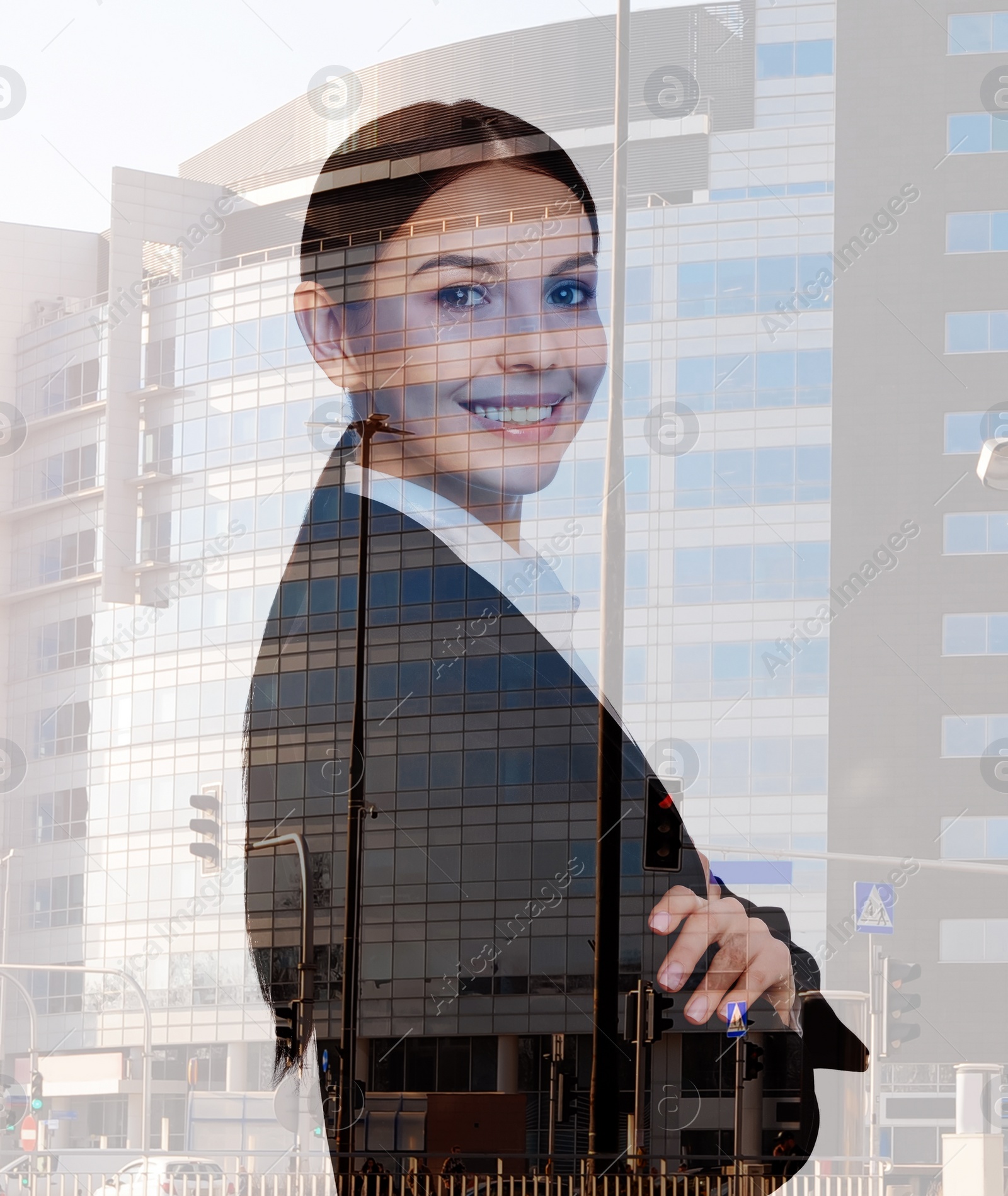 Image of Double exposure of businesswoman and office building