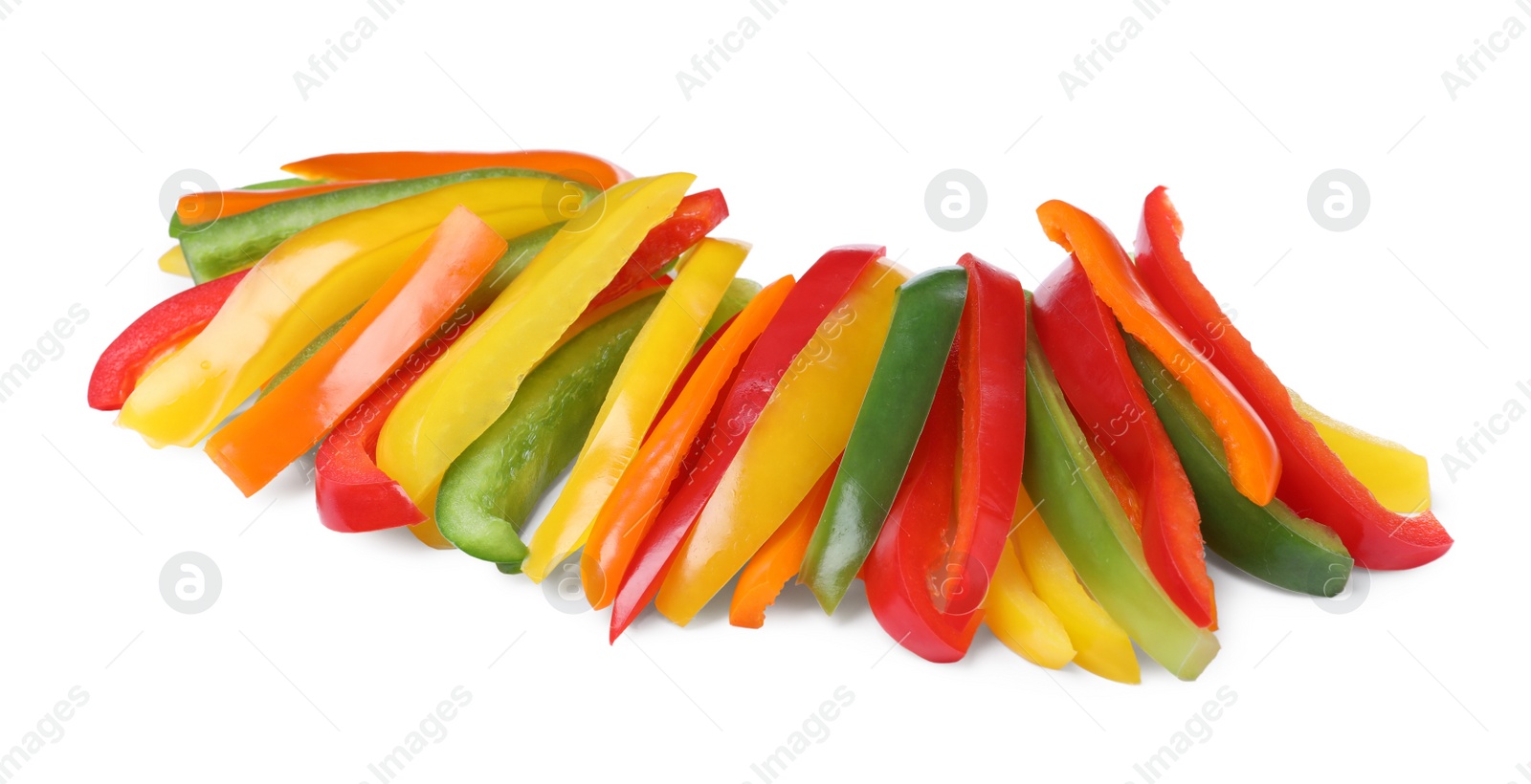 Photo of Colorful bell peppers cut in sticks on white background. Healthy vegetables