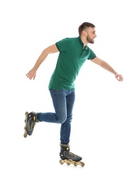 Photo of Young man with inline roller skates on white background