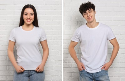 Image of People wearing white t-shirts near brick wall. Mockup for design