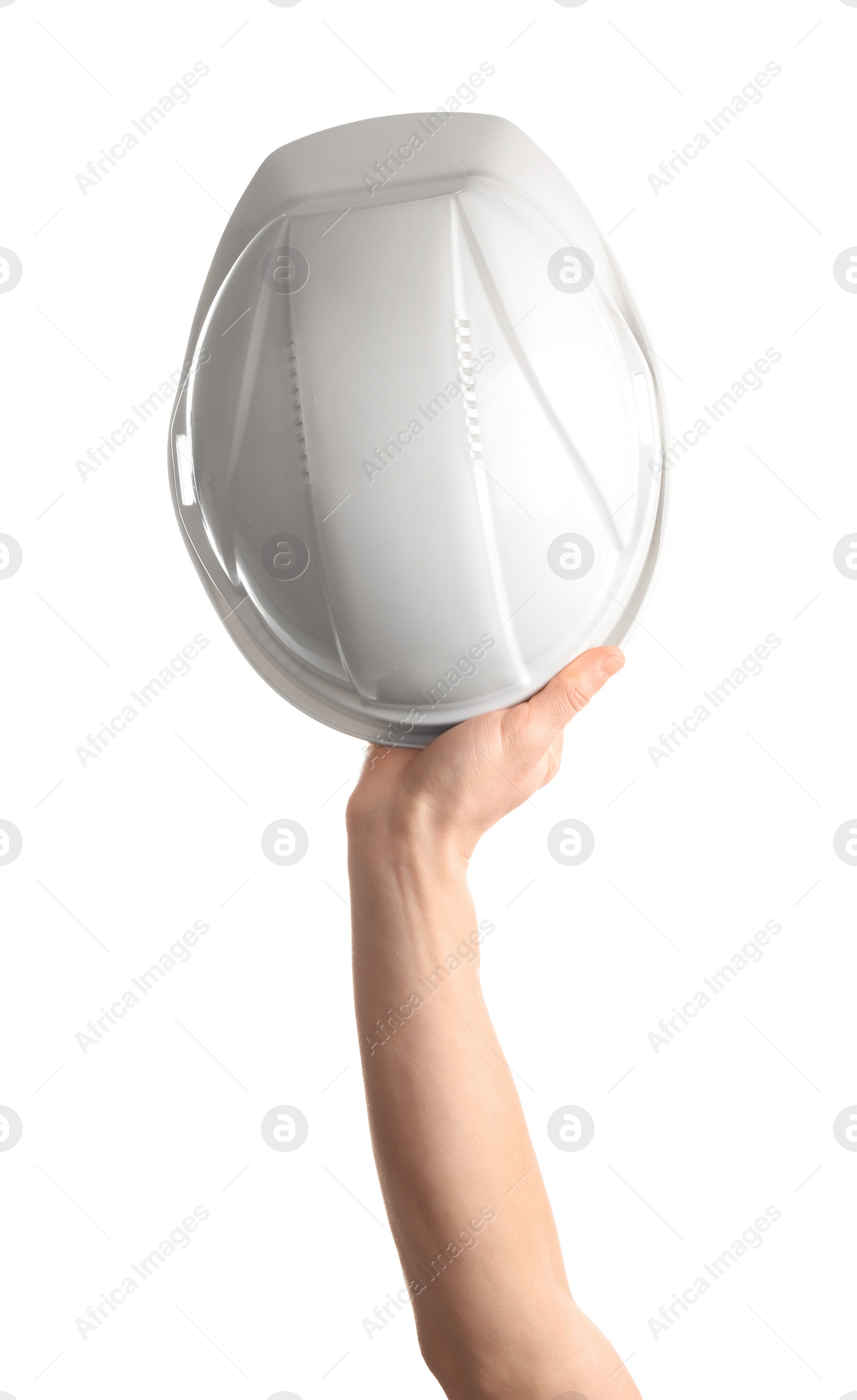 Photo of Construction worker holding hard hat isolated on white