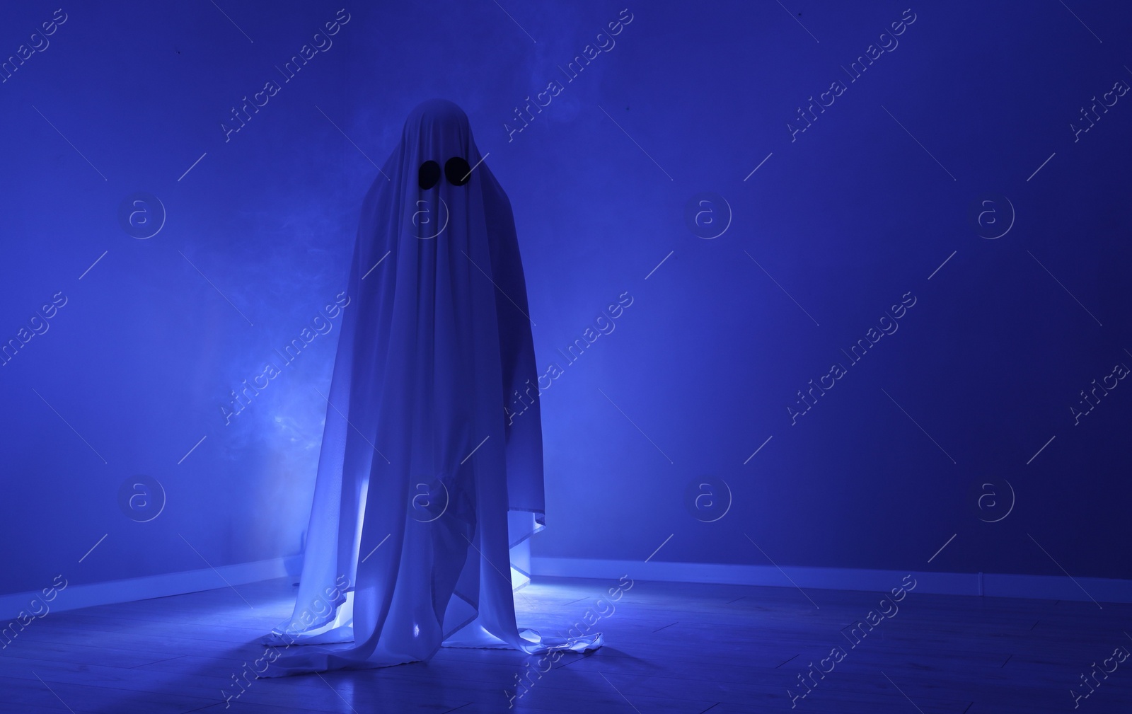 Photo of Creepy ghost. Woman covered with sheet in blue light, space for text