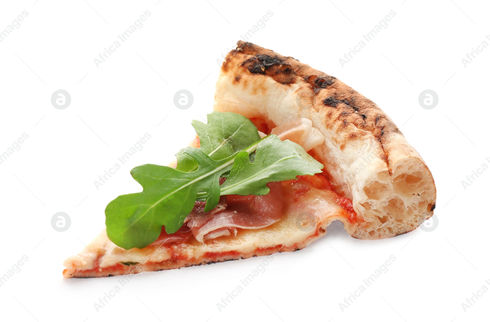 Photo of Slice of tasty pizza with meat and arugula isolated on white