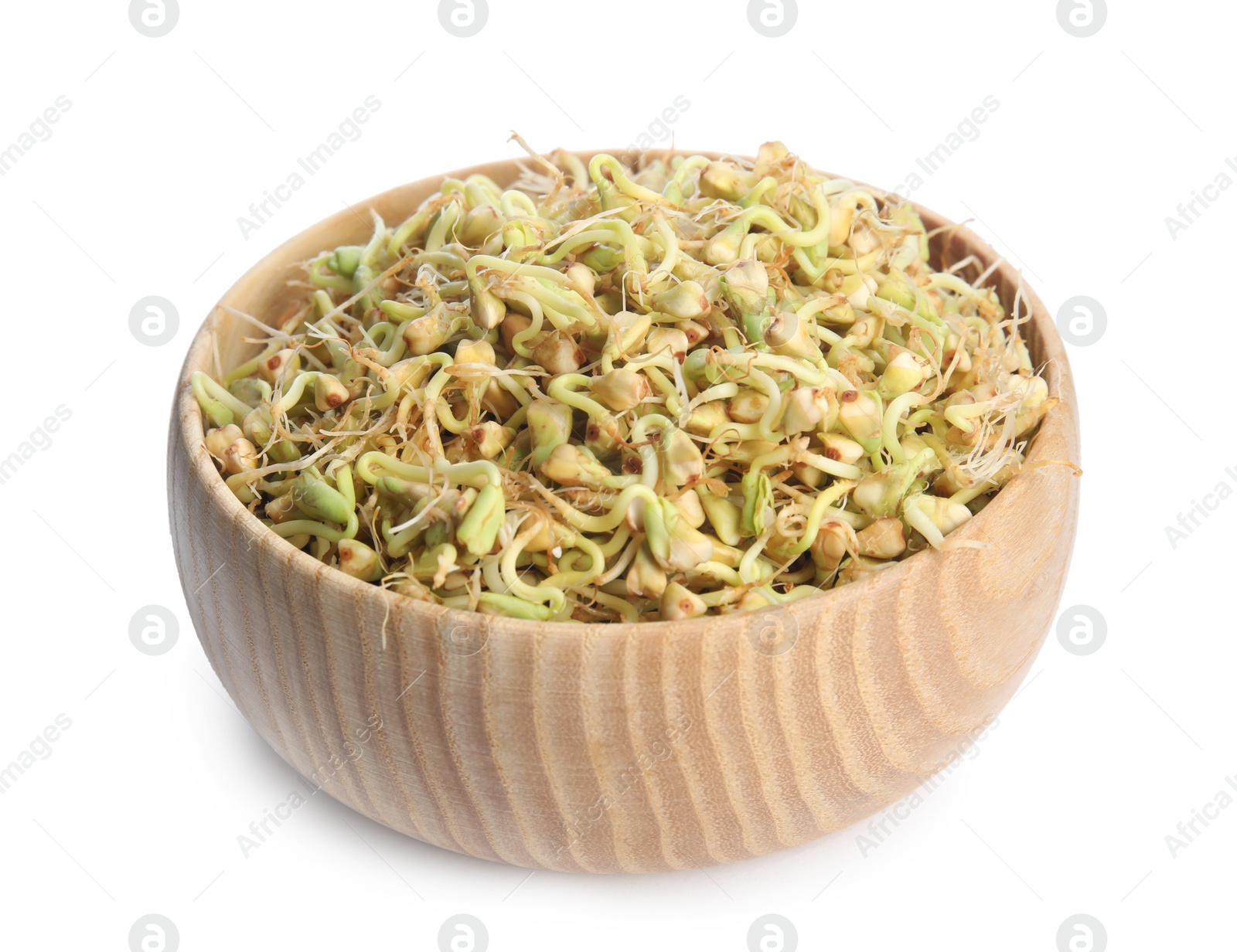 Photo of Wooden bowl of sprouted green buckwheat isolated on white