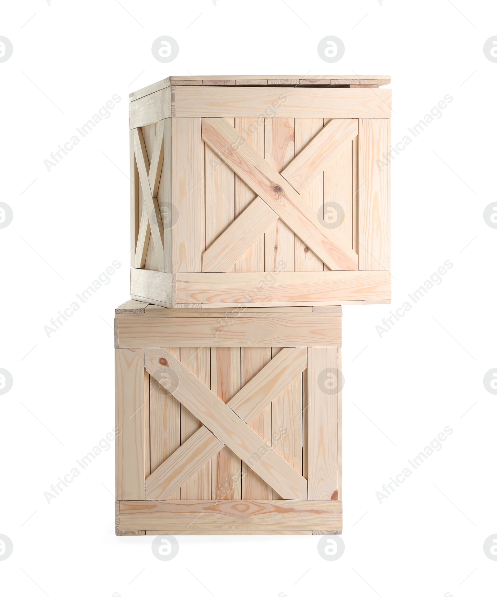 Photo of Pair of closed wooden crates isolated on white