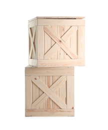 Photo of Pair of closed wooden crates isolated on white