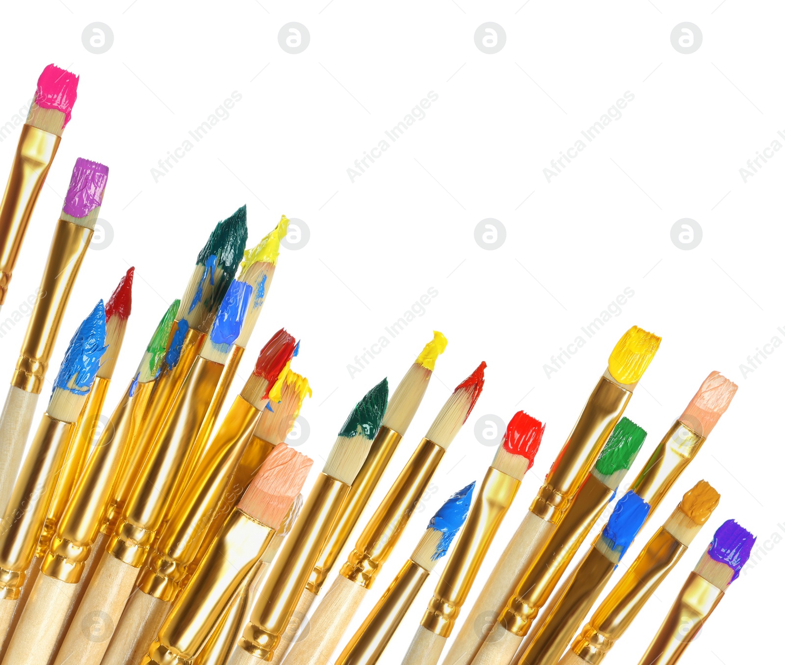 Image of Set of different brushes with paints on white background