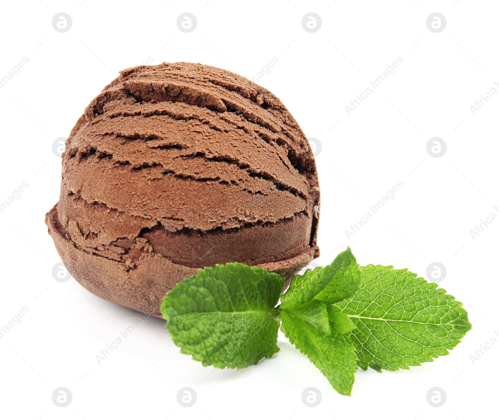 Photo of Scoop of chocolate ice cream and mint isolated on white