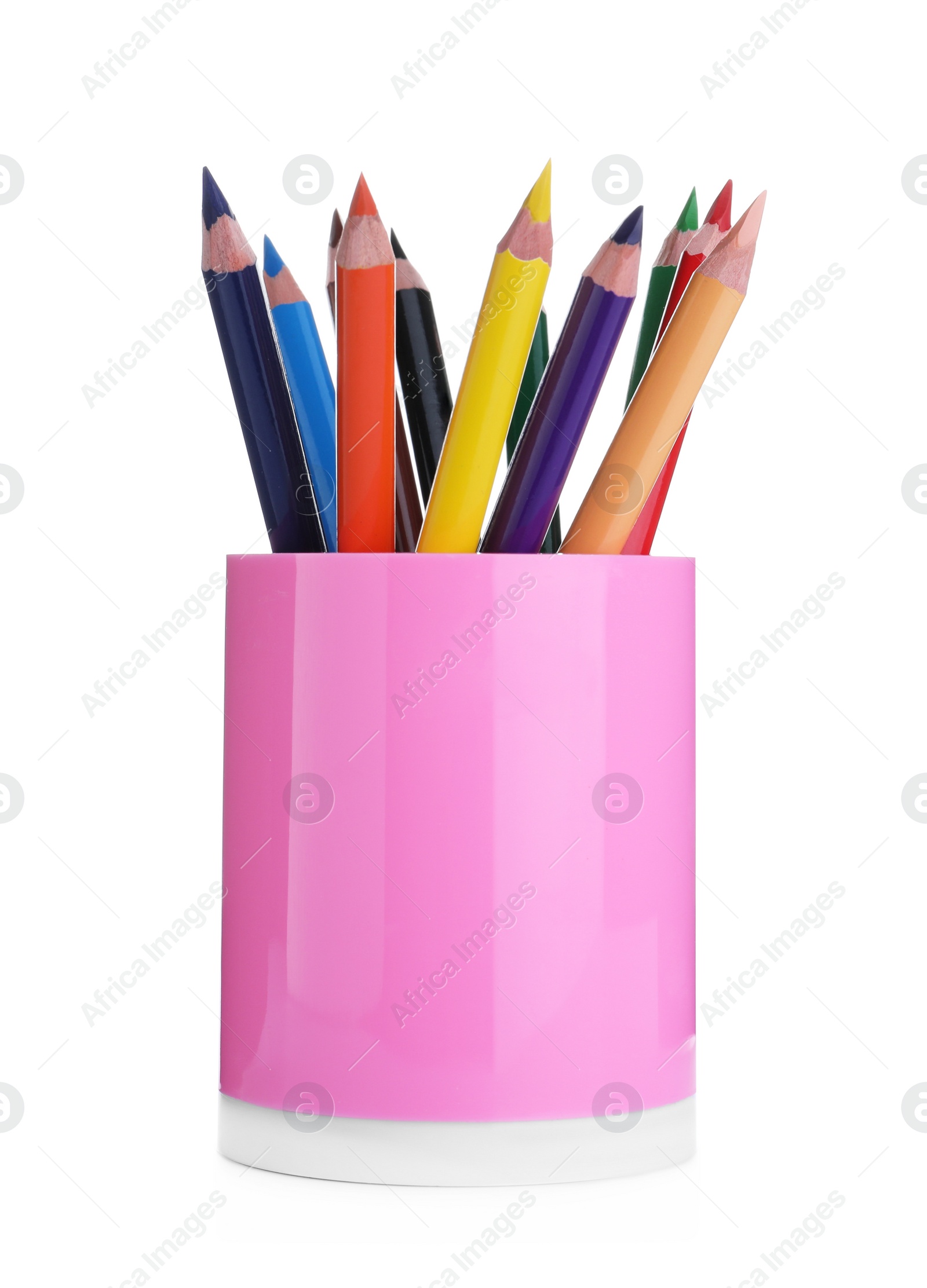 Photo of Many colorful pencils in pink holder isolated on white. School stationery