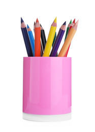 Photo of Many colorful pencils in pink holder isolated on white. School stationery