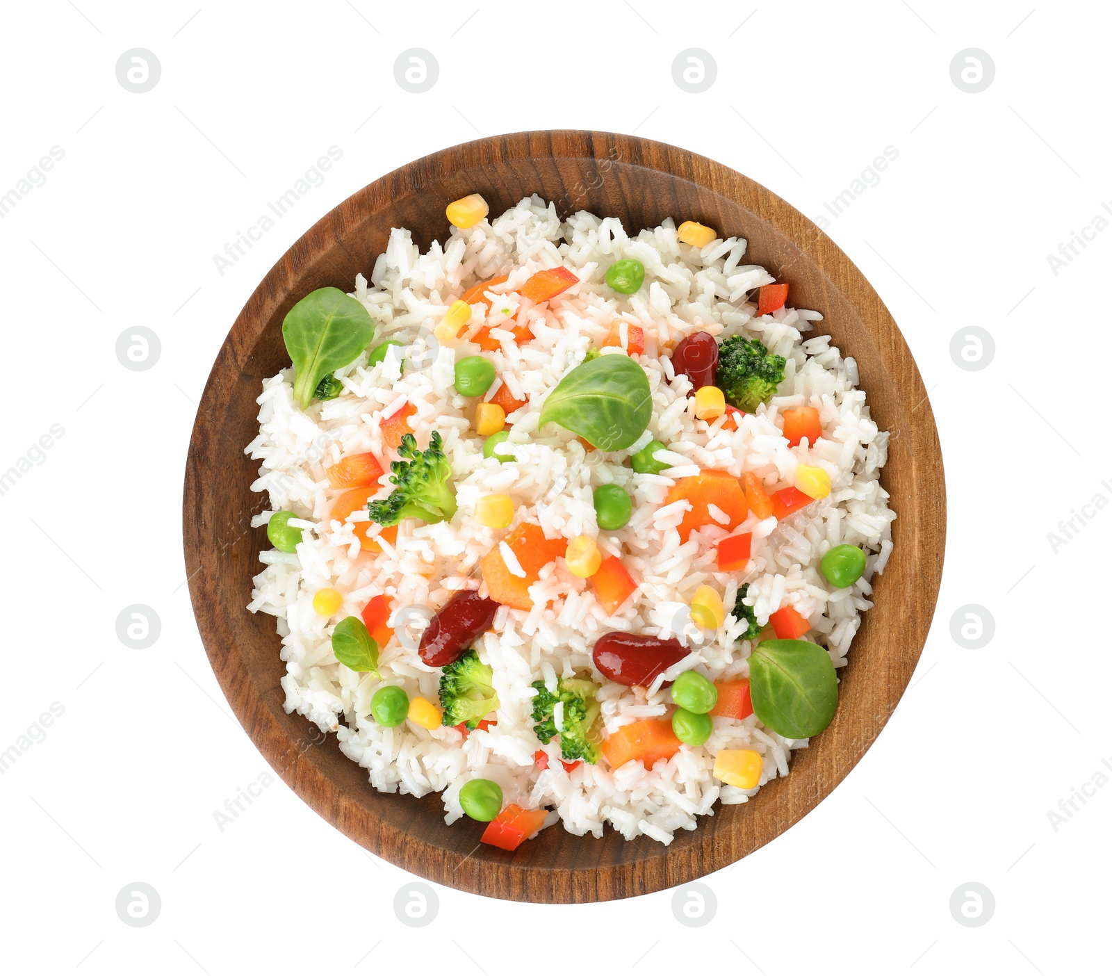 Photo of Bowl with tasty rice and vegetables on white background, top view