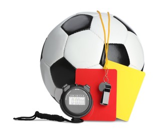 Referee equipment. Soccer ball, whistle, stopwatch and cards isolated on white