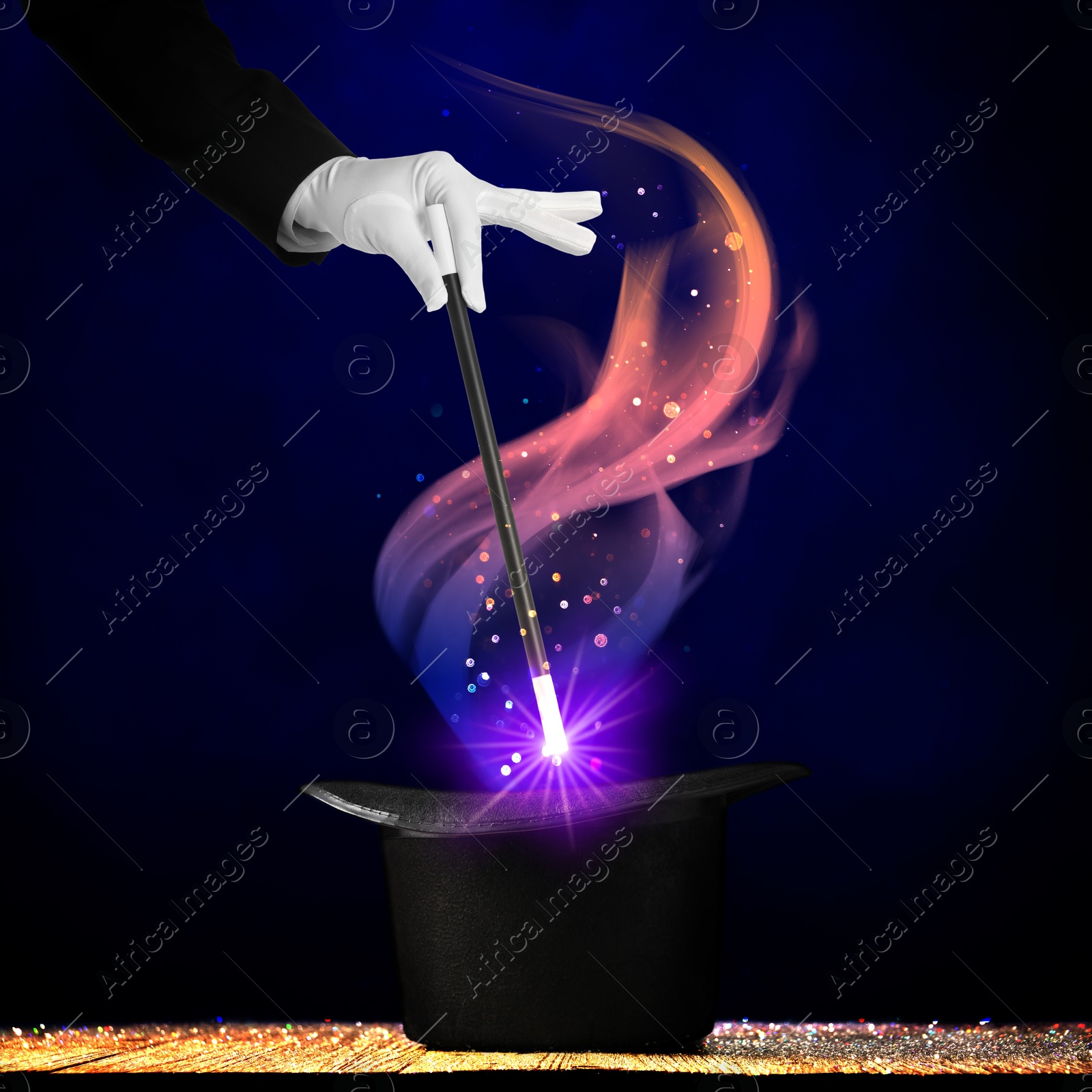 Image of Wizard conjuring magical light out of hat with wand on dark background, closeup