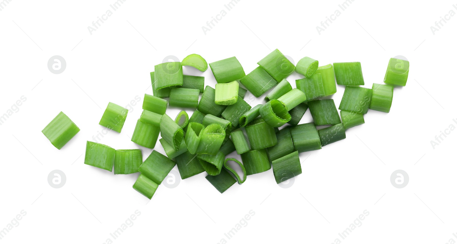 Photo of Pile of fresh green onion isolated on white, top view