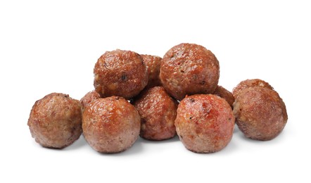 Photo of Many tasty cooked meatballs on white background