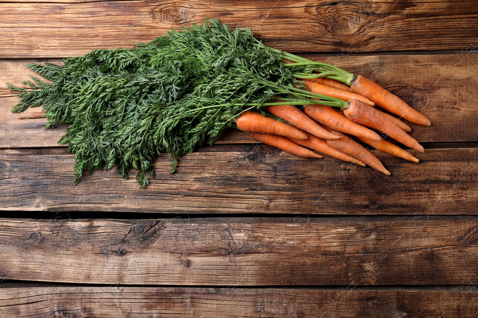 Photo of Fresh carrots on wooden table, top view. Space for text
