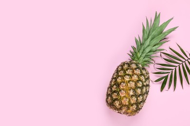 Photo of Whole ripe pineapple and green leaves on pale pink background, flat lay. Space for text