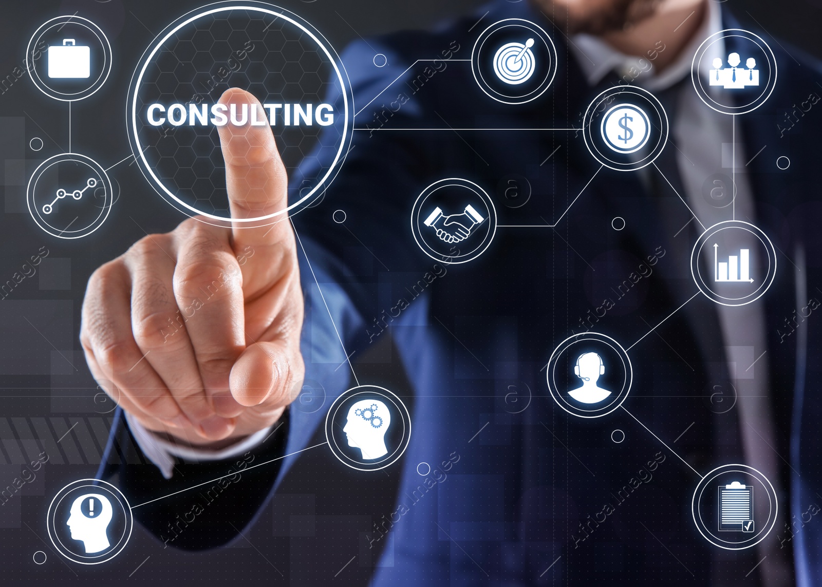 Image of Man pointing at icon CONSULTING on virtual screen, closeup