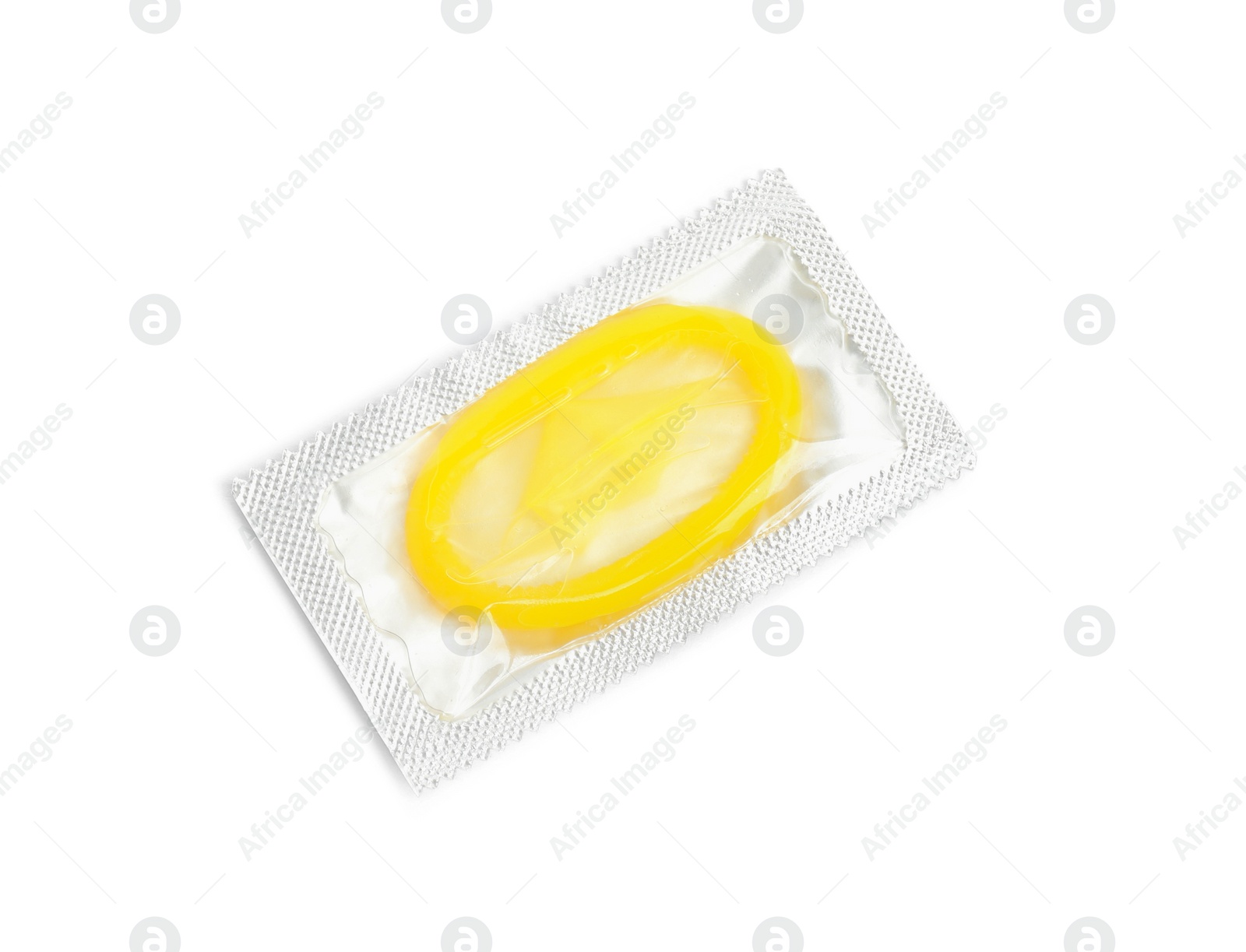 Photo of Condom package isolated on white, top view. Safe sex