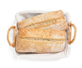 Photo of Crispy ciabattas in wicker basket isolated on white, top view. Fresh bread