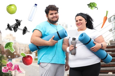 Image of Weight loss concept. Overweight couple in sportswear with mats outdoors