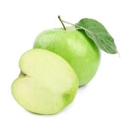 Photo of Fresh ripe green apples with leaf on white background