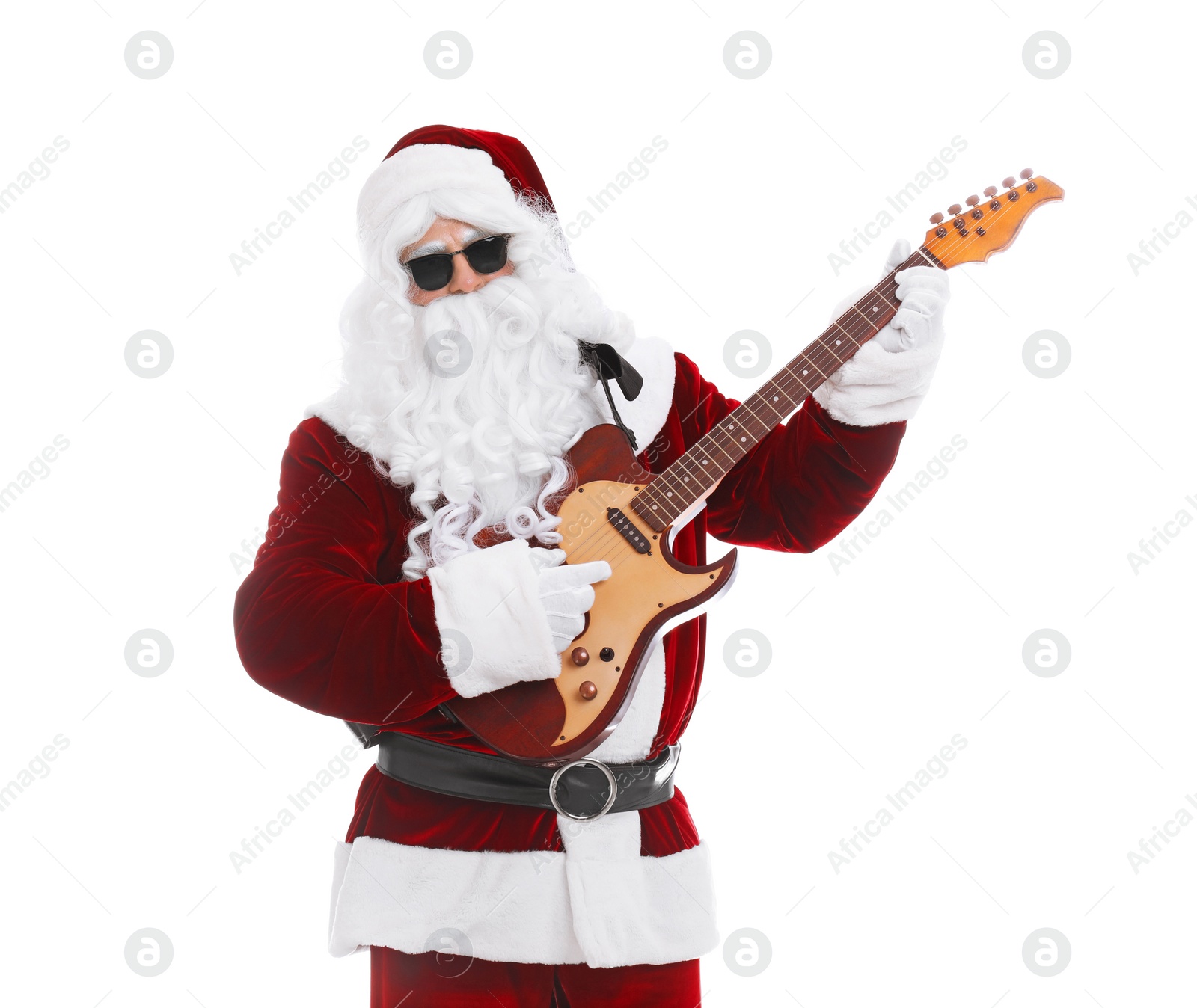 Photo of Santa Claus playing electric guitar on white background. Christmas music