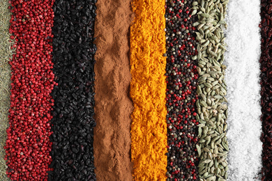 Photo of Many different spices as background, top view