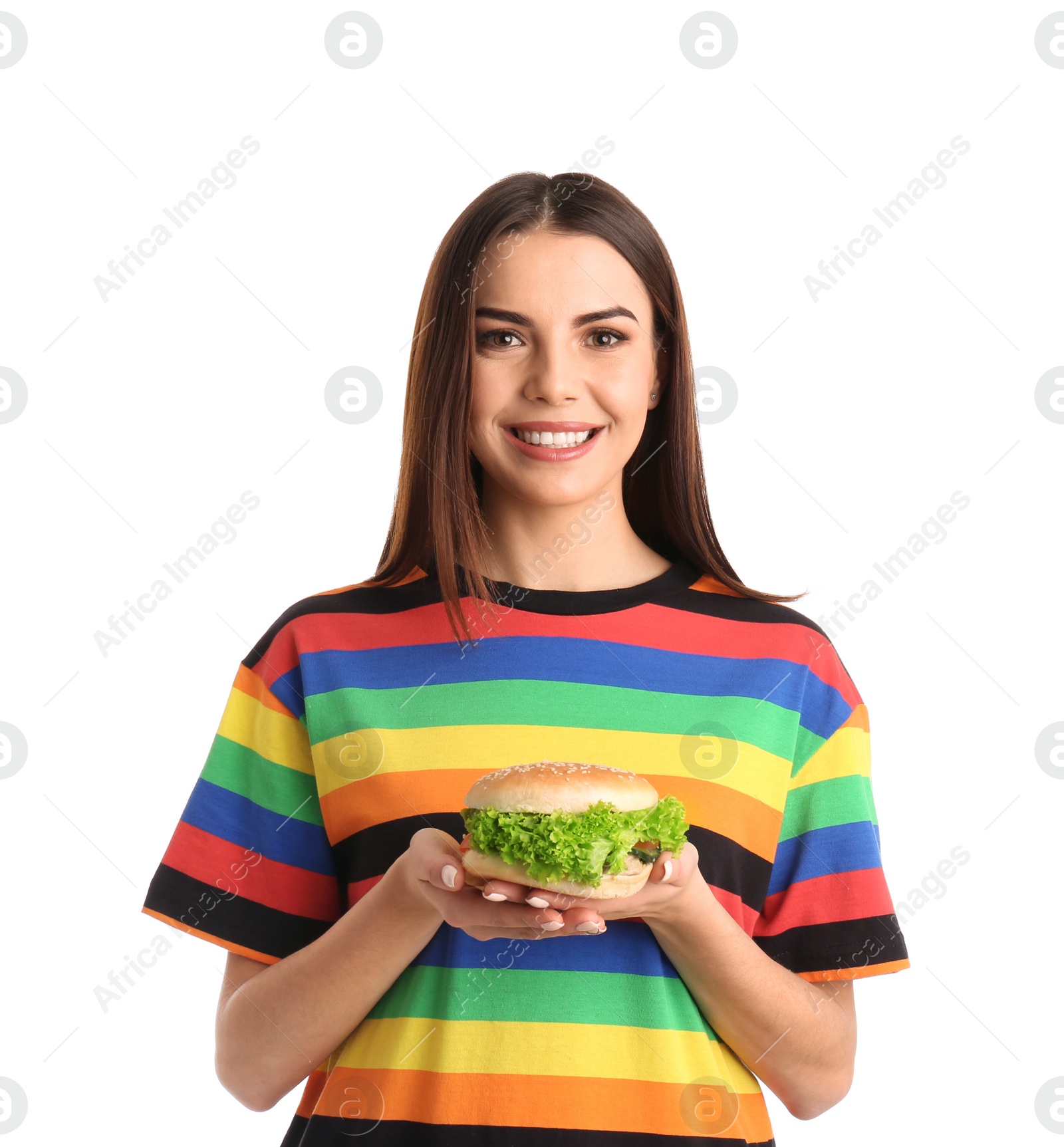 Photo of Young woman with tasty burger on white background