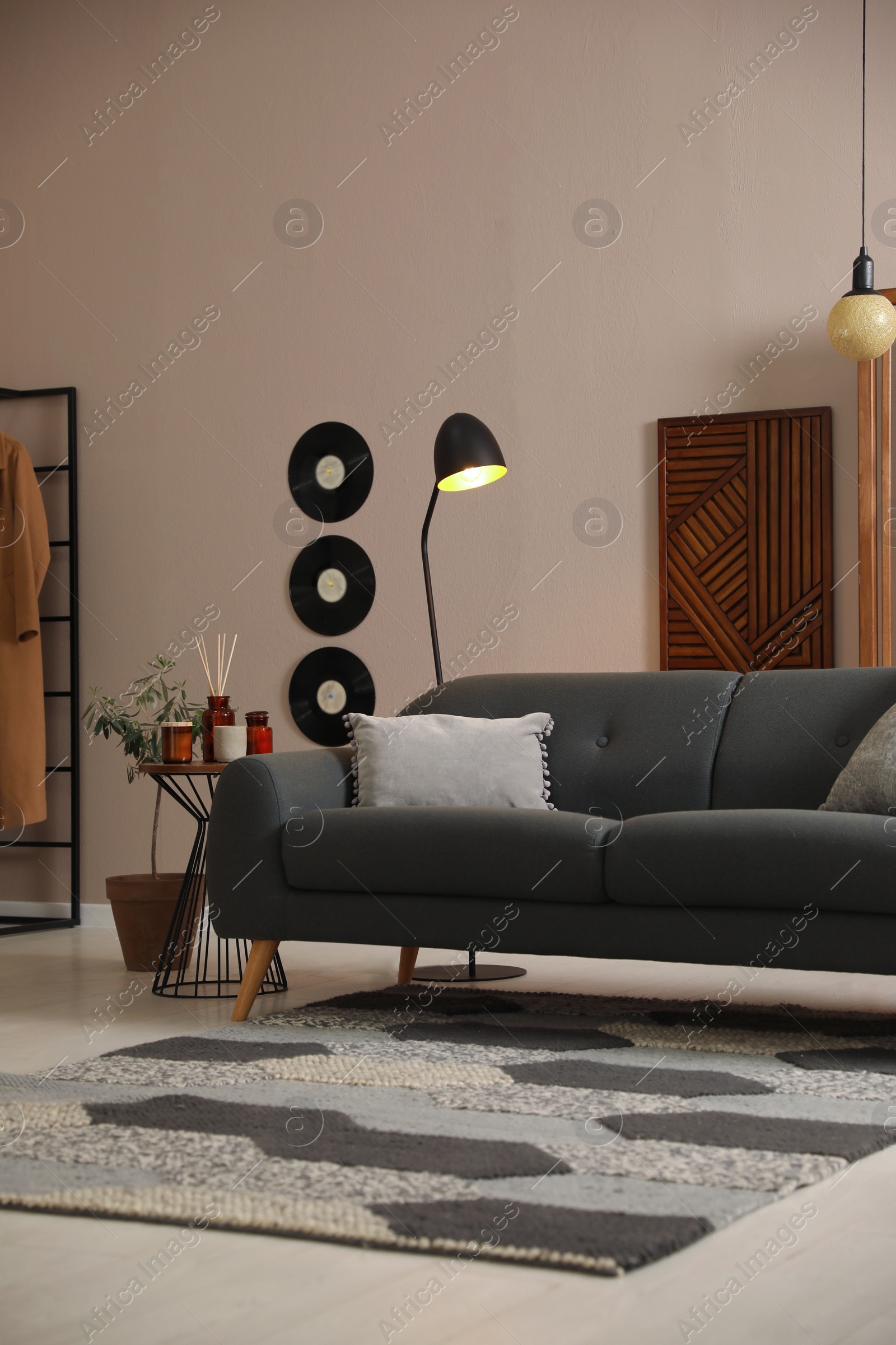 Photo of Stylish living room interior with comfortable dark sofa