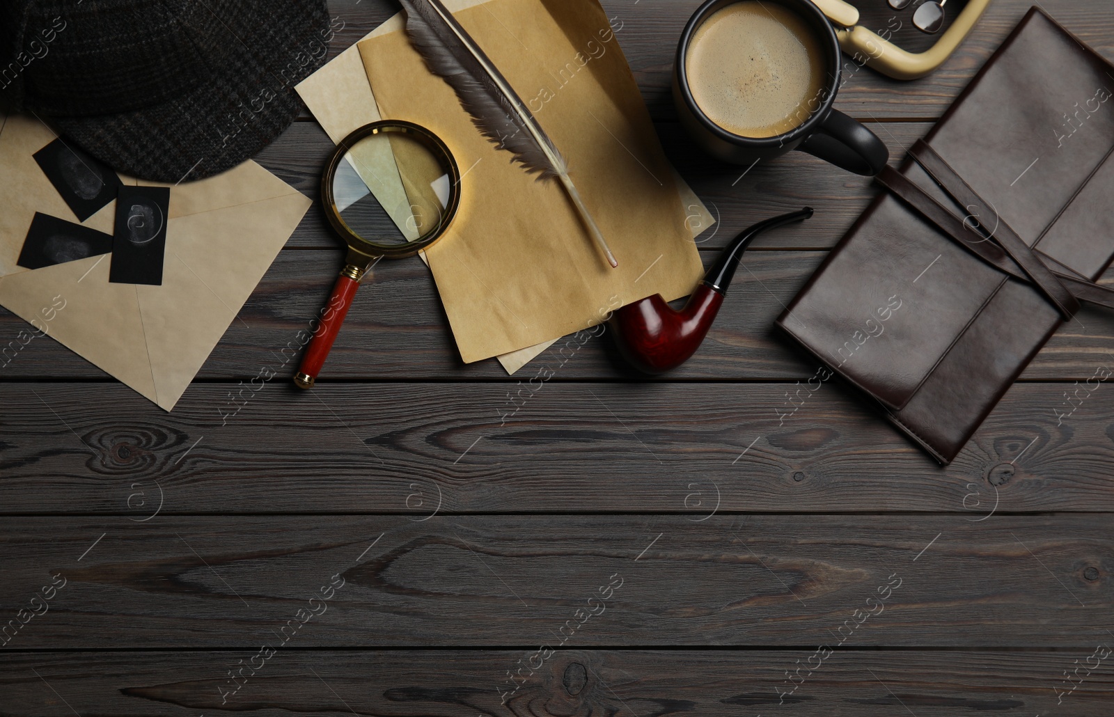 Photo of Flat lay composition with vintage detective items on grey wooden background, space for text