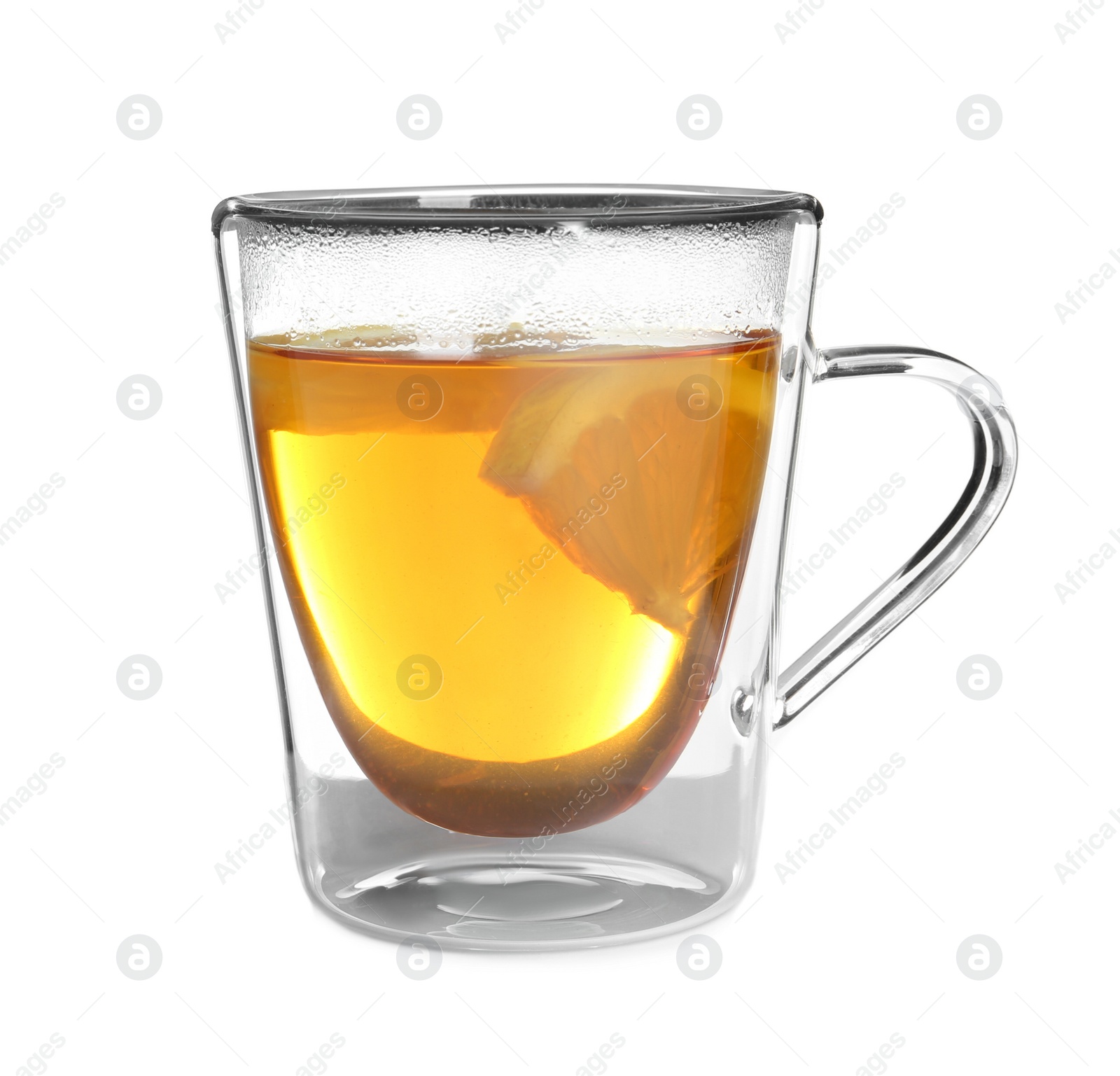 Photo of Glass cup with hot tea and lemon on white background