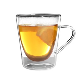 Glass cup with hot tea and lemon on white background