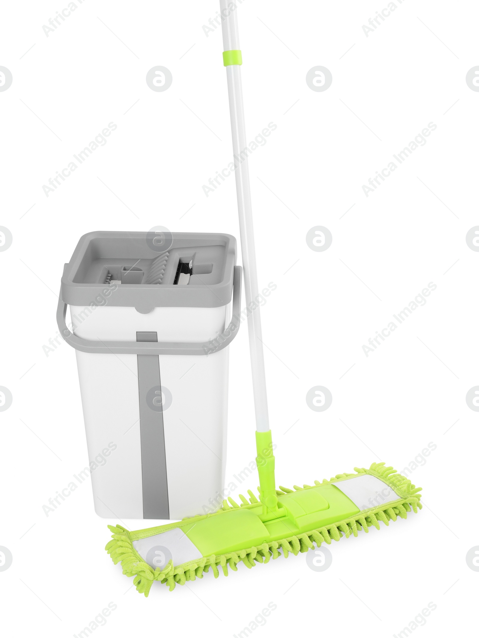 Photo of Mop and plastic bucket isolated on white