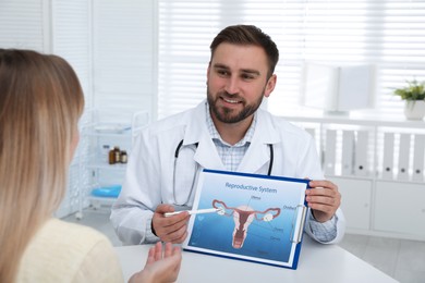 Gynecologist showing illustration of female reproductive system to young woman in clinic