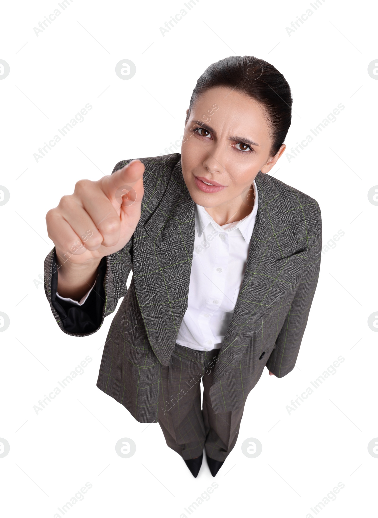 Photo of Beautiful businesswoman in suit pointing at something on white background, above view