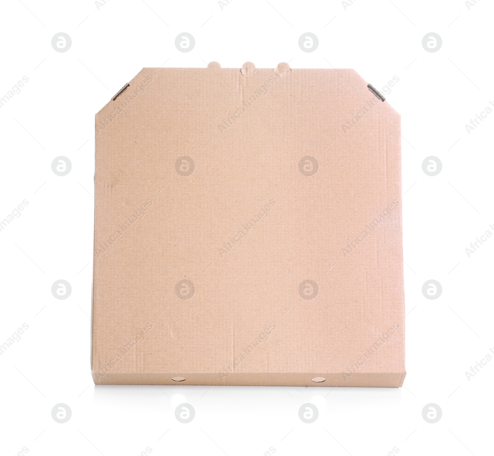 Photo of Cardboard pizza box on white background, top view. Mockup for design