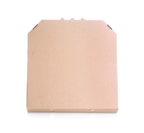 Cardboard pizza box on white background, top view. Mockup for design